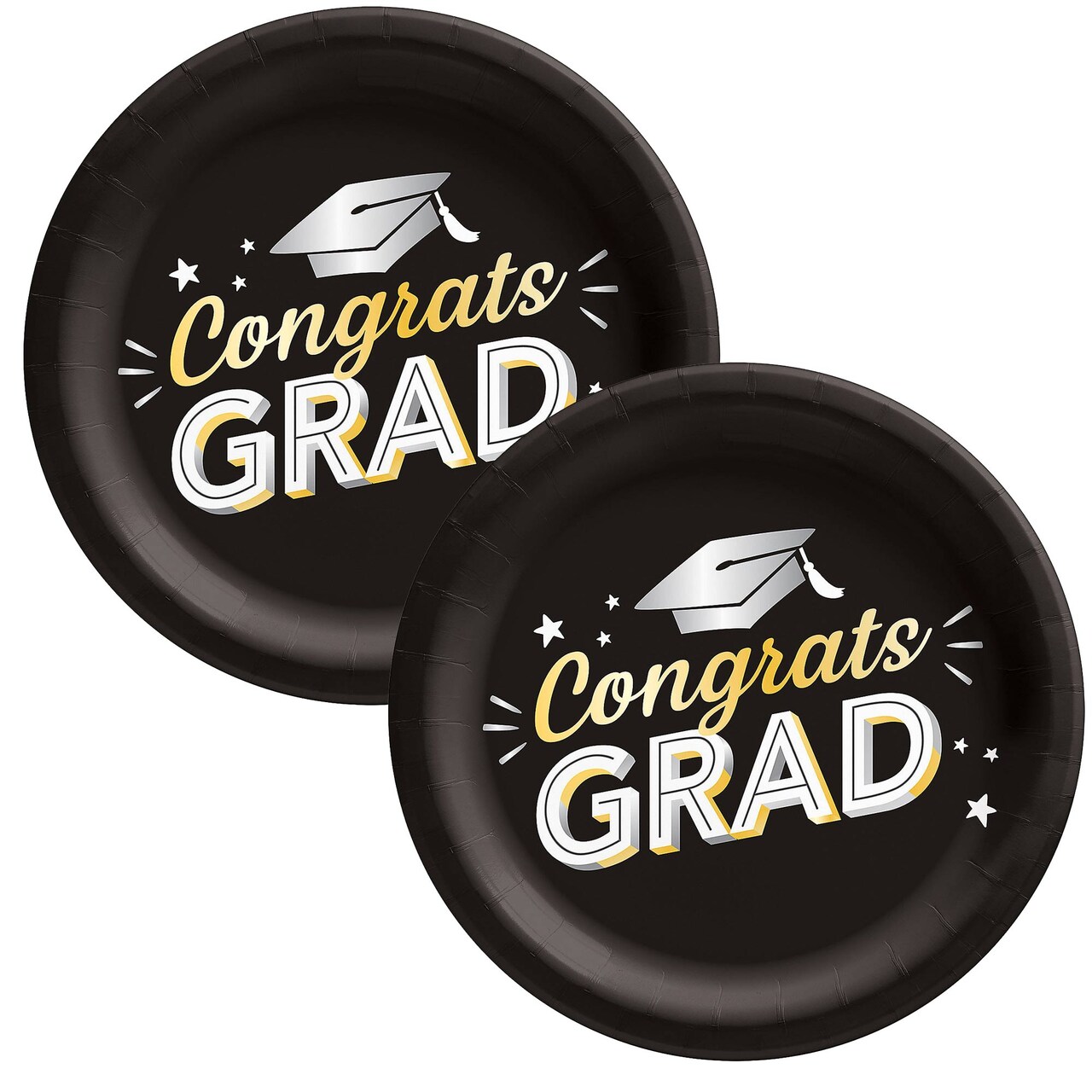 Black Congrats Grad 8 1/2" Round Disposable Dinner Plates 8 Count